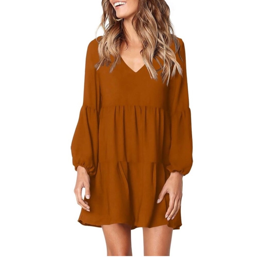 Boutine LA Rust Orange Tiered V-Neck Long Sleeve Dress